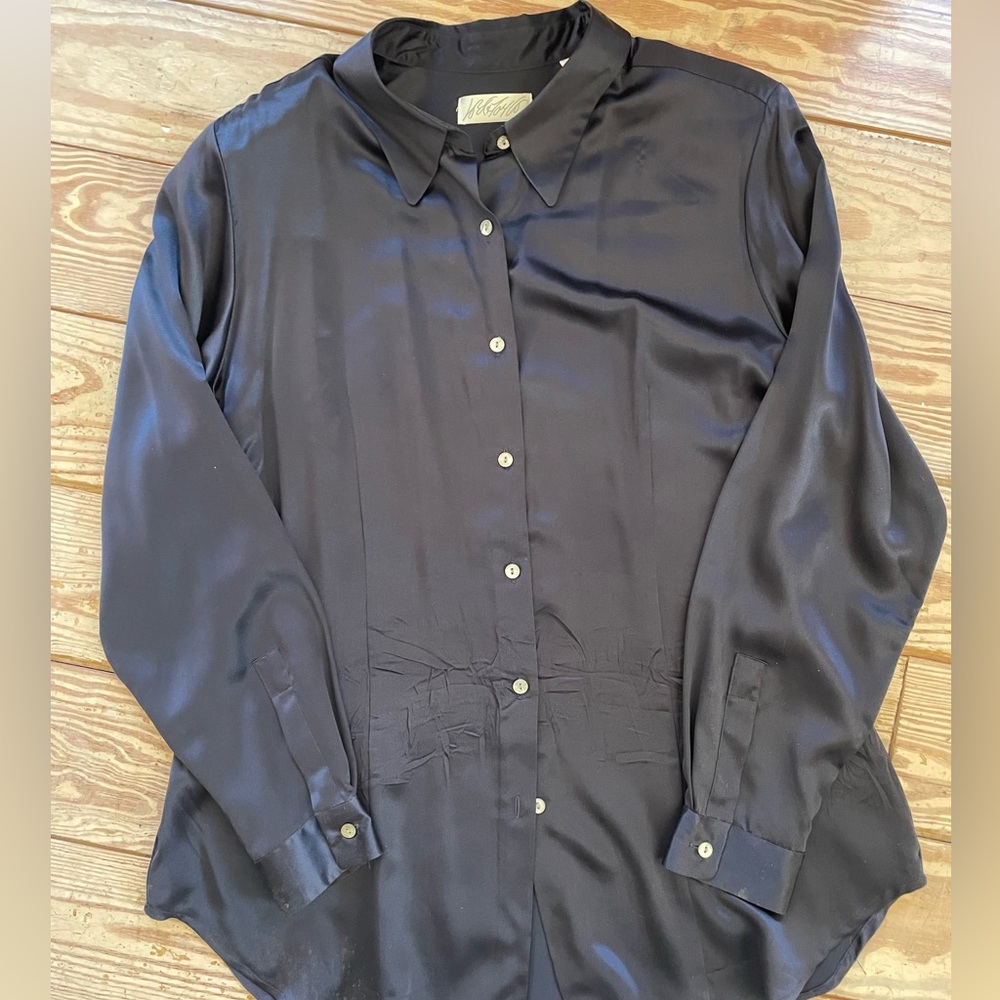 Lord & Taylor Navy Silk Button-Down Blouse